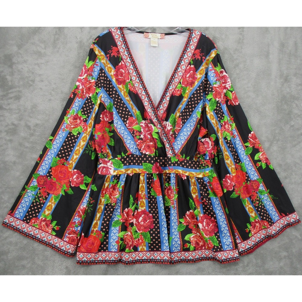 Flying Tomato Blouse Womens 3X Floral Boho Bell Sleeve Cottage Stretch Knit